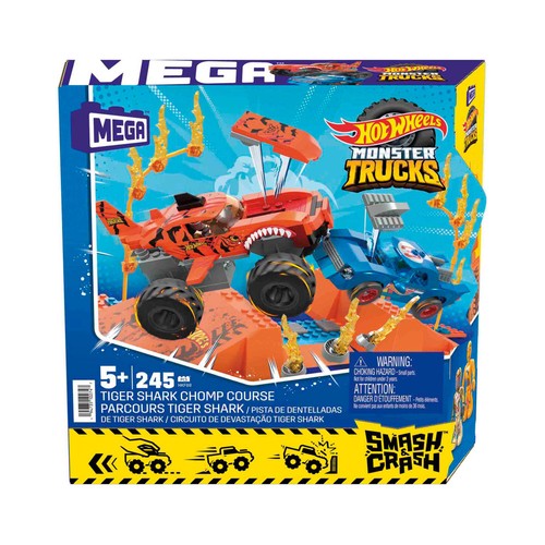 MEGA Construx HOT WHEELS Monster Trucks Pista Tiger Shark Coches con set de juego de bloques de construcción con accesorios, juguete +5 años (MATTEL HKF88)