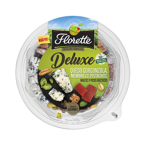 Ensalada Deluxe con queso gorgonzola, membrillo, pistachos, nueces y picos FLORETTE 165 g.