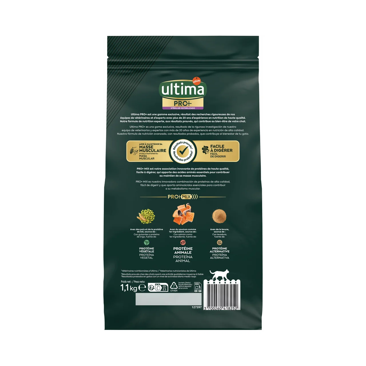 Pro+ Alimentación para gatos esterilizados, de salmón, alto en proteínas y sin azúcares añadidos, 1,1 kg.