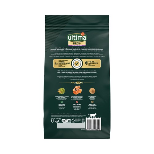 ULTIMA Pro+ Alimentación para gatos esterilizados, de salmón, alto en proteínas y sin azúcares añadidos, 1,1 kg.