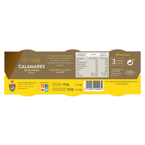 ALBO Calamares en su tinta en trozos ALBO lata pack de 3 uds x 50 g.