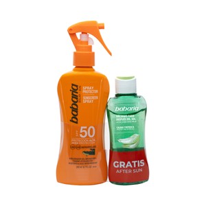 BABARIA Spray protector solar FPS 50 (200 ml) y bálsamo after sun (100 ml).