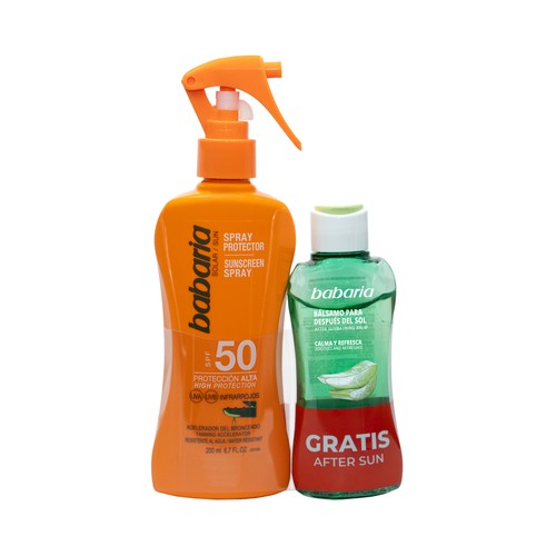 BABARIA Spray protector solar FPS 50 (200 ml) y bálsamo after sun (100 ml).