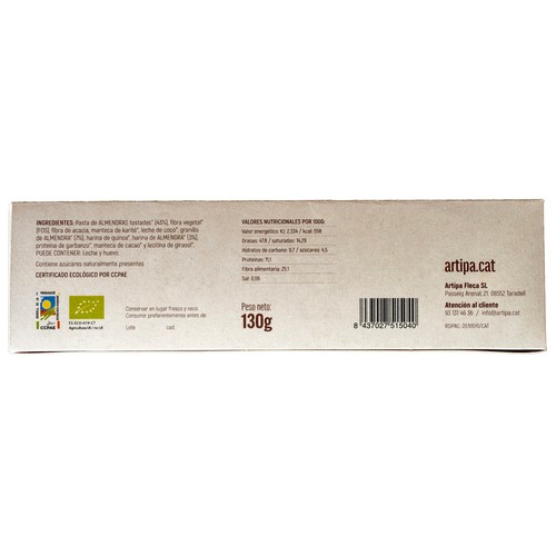 ARTIPA Bio´s Turrón ecoológico blando de almendra, sin azúcares ni edulcorantes añadidos 130 g.