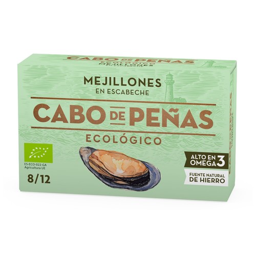 CABO DE PEÑAS Mejillones (8/12) ecológicos en escabeche con aceite de oliva lata 69 g.