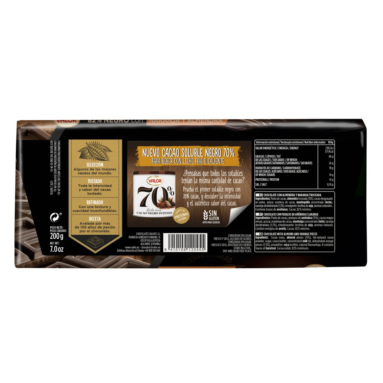 Chocolate negro (82 % cacao) con naranja y almendra 200 g.