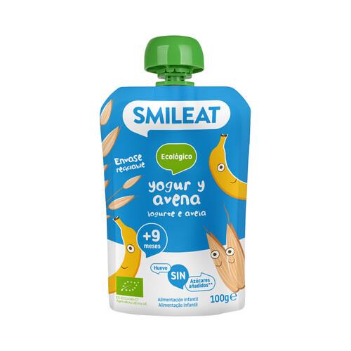 SMILEAT Bolsita de yogur, plátano y avena ecológica, a partir de 9 meses 100 g.