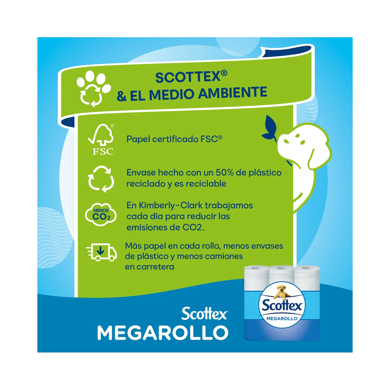 Megarollo Papel higiénico que dura 2 veces más 9 rollos.
