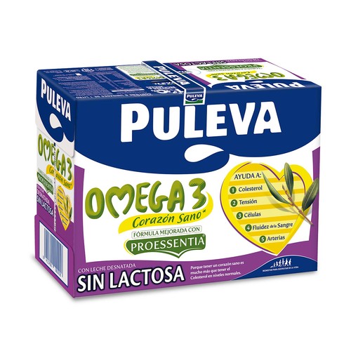 Preparado lacteo desnatado, sin lactosa y enriquecido con ácido oleico y Omega 3 PULEVA Omega 3 6 x 1l.