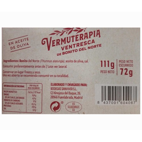 VERMUTERAPIA Ventresca de bonito del norte 72 g.