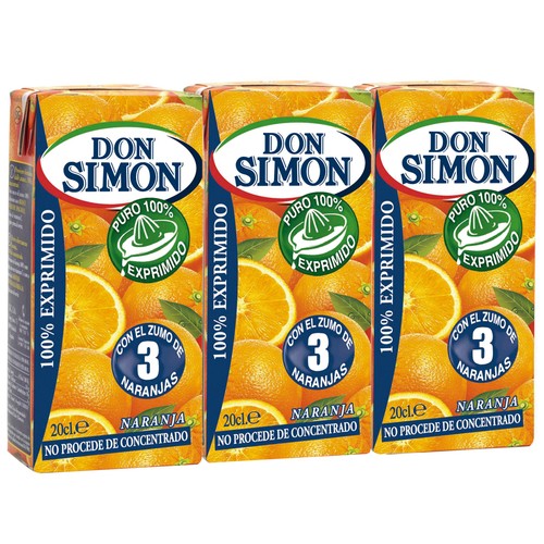 Zumo exprimido de naranja sin pulpa DON SIMON brick de 3 uds x 20 cl.