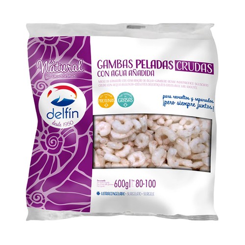 DELFÍN Gambas peladas crudas 60/80, utracongeladas y con agua añadida DELFÍN 600 g.