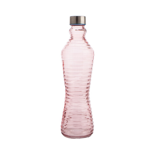 Botella de cristal color rosa con líneas en relieve, tapa metálica de rosca, 1 litro, Line QUID.