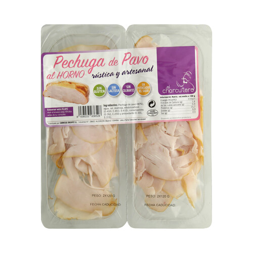 Pechuga de pavo al horno, elaborada de forma artesanal y cortada de forma rústica EL CHARCUTERO 2 x 120 G.