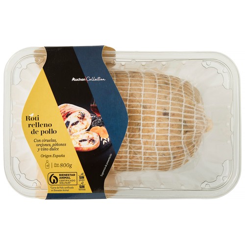 AUCHAN COLLECTION Roti de pollo relleno con orejones, ciruelas, piñones y Pedro Ximénez 800 g. Producto Alcampo Gourmet.