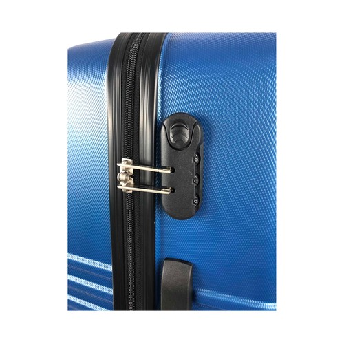 Maleta de cabina rígida de color azul de 50 cm. tipo trolley con 4 ruedas y cierre por código, AIRPORT ALCAMPO.