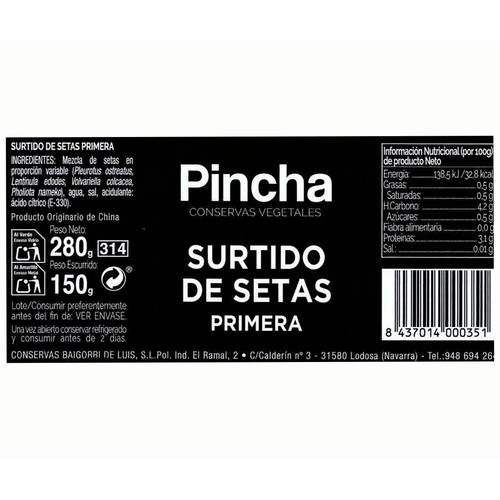 PINCHA Surtido de setas al natural primera en frasco 150 g.