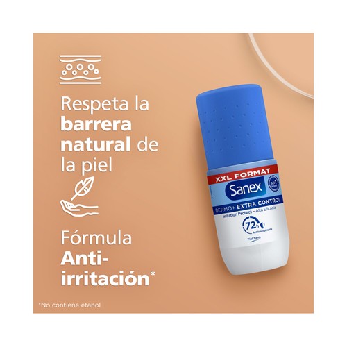 SANEX Dermo+ extra control Desodorante roll on unisex antitranspirante hasta 72 horas 90 ml.