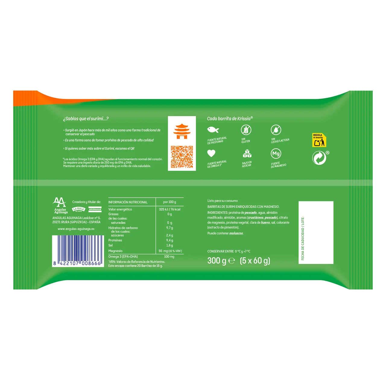 Barritas de surimi con Magnesio y Omega 3. 20 uds. 300 g.