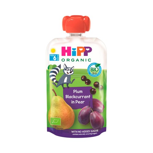HIPP Organic Bolsita (pouch) de ciruela, pera y grosellas ecológicas, a partir de 6 meses 100 g.