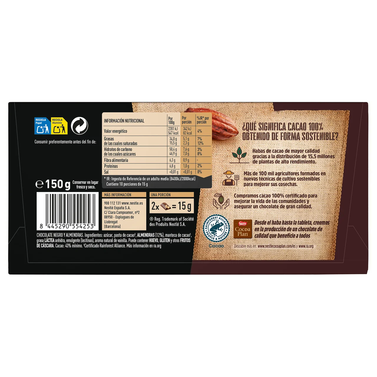 Dark Chocolate negro con almendras 150 g.
