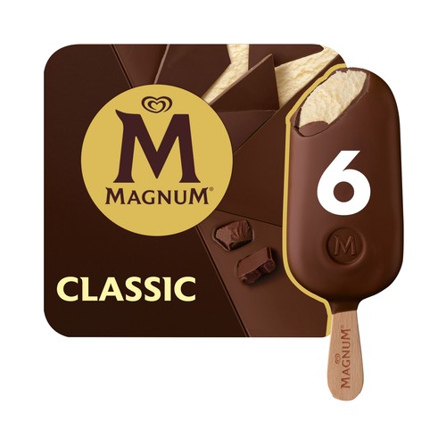 MAGNUM Classic de frigo helado de vainilla recubierto de crujiente chocolate con leche 6 x 100 ml.