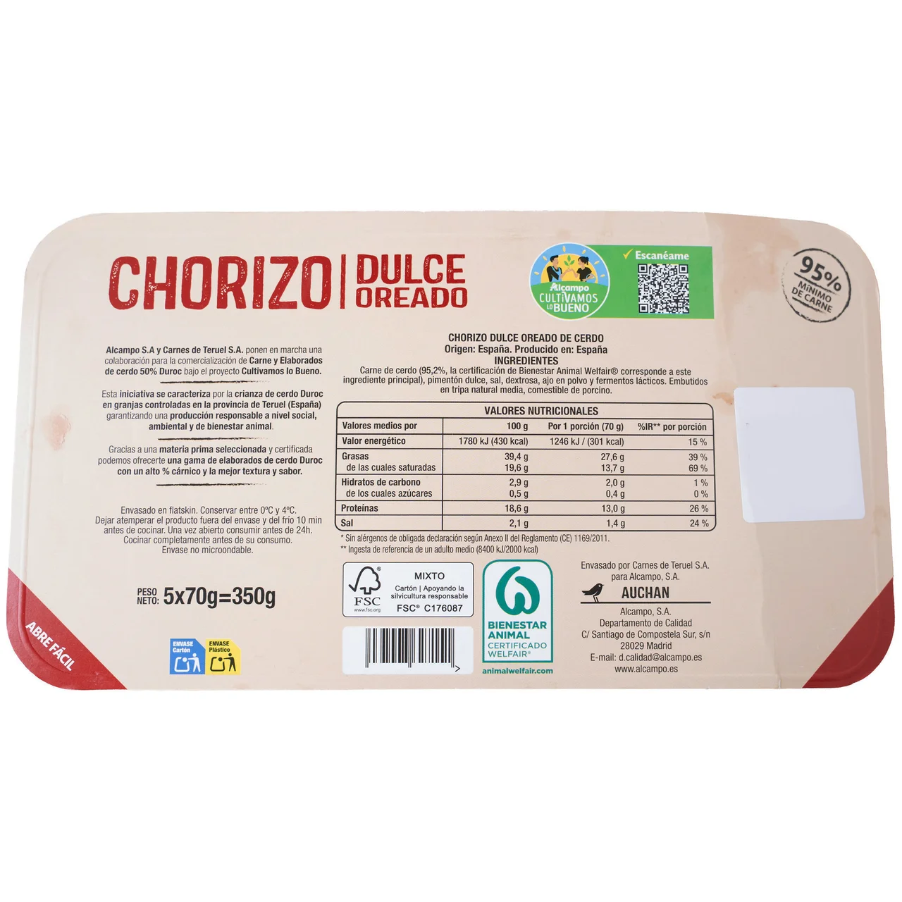 ALCAMPO CULTIVAMOS LO BUENO Chorizo dulce oreado cerdo duroc  350 g.