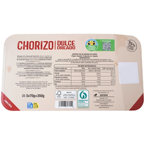 ALCAMPO CULTIVAMOS LO BUENO Chorizo dulce oreado cerdo duroc  350 g.
