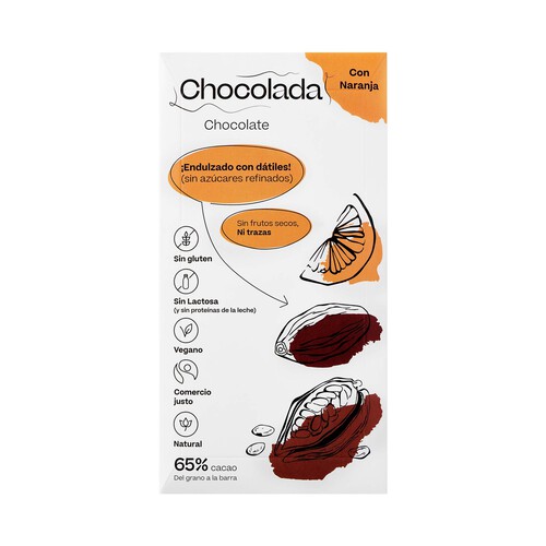 Chocolate negro 65% con naranja, endulzado con dátiles, CHOCOLADA 85 g.
