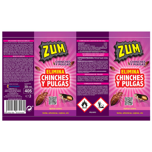 ZUM Insecticida especial pulgas y chinches ZUM 300 ml.