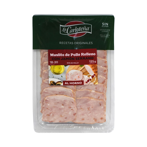 Muslitos de pollo asado relleno con jamón serrano, cortado en lonchas LA CARLOTEÑA 125 g,