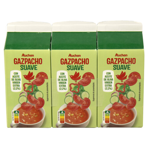 AUCHAN Gazpacho suave, con aceite de oliva virgen extra y sin gluten 3 x 33 cl. Producto Alcampo
