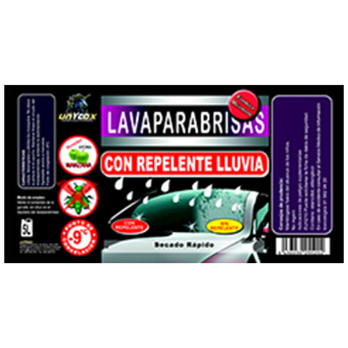 5 litros de líquido limpiaparabrisas con efecto anti-lluvia, anti-mosquitos y fresco olor a manzana UNYCOX.