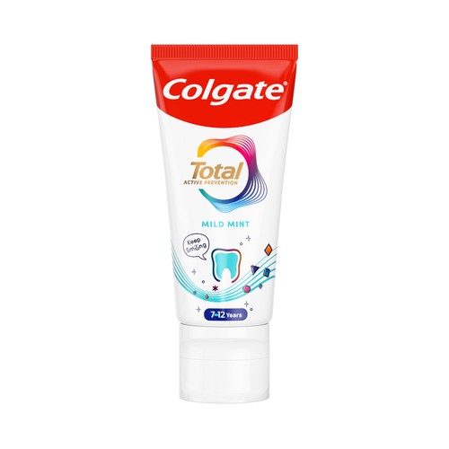 COLGATE Total prevención activa Pasta de dientes para niños de 7 a 12 años, con sabor a menta suave 50 ml.