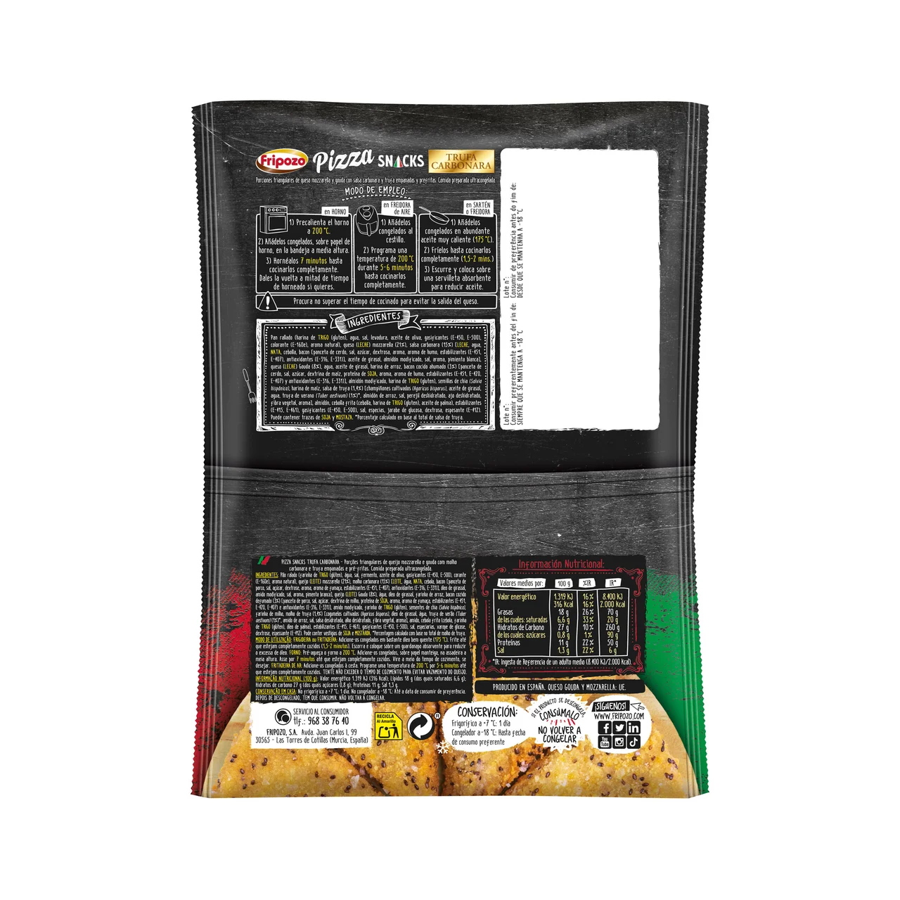 Pizza snacks congelados con salsa carbonara y trufa empanadas 250 g.