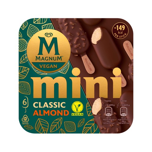MAGNUM Mini bombón almendrado de helado vegetal de vainilla recubierto de chocolate vegan 6 x 55 ml.