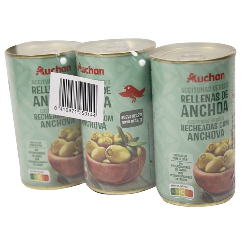 Aceitunas rellenas de anchoa PRODUCTO ALCAMPO pack 3 uds. x 150 g.