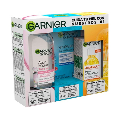 GARNIER Estuche con agua micelar, mascarilla facial refrescante y sérum antimanchas.