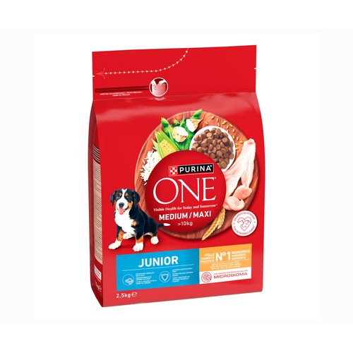 PURINA ONE Alimentación de perro medium-maxi junior pollo y arroz 2,5 kg.