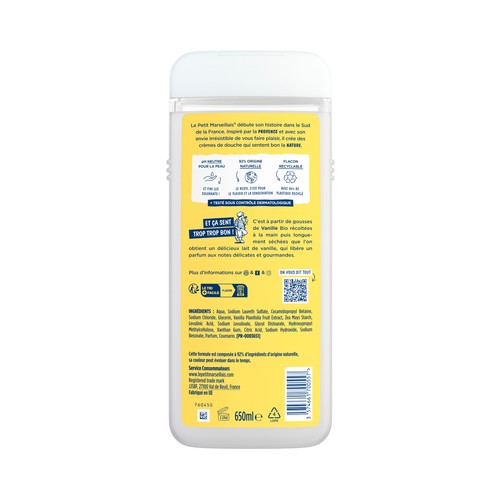 LE PETIT MARSEILIAIS Gel hidratante y nutritivo extra suave, con leche de vainilla bio, para pieles sensibles 650 ml.