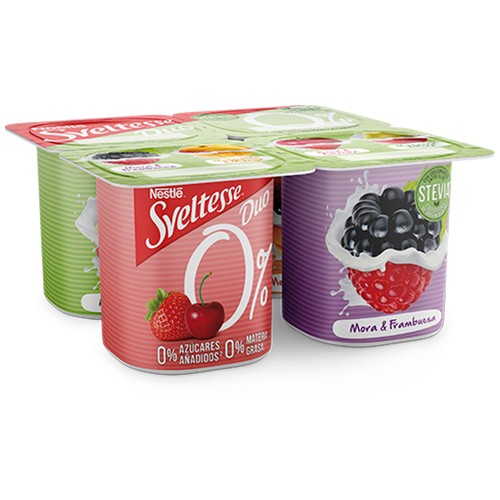 SVELTESSE Yogur desnatado (0% materia grasa) con trozos de fruta y stevia Duo 0% 4 x 120 g.