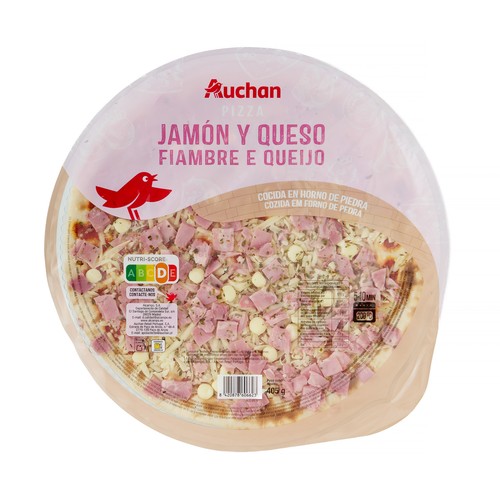 AUCHAN Pizza de jamón y queso cocida en horno de piedra 405 g. Producto Alcampo