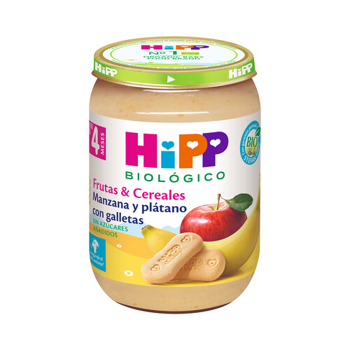 HIPP Biológico Tarrito de frutas (manzana y plátano) ecológicas con galleta, a partir de 4 meses 190 g.