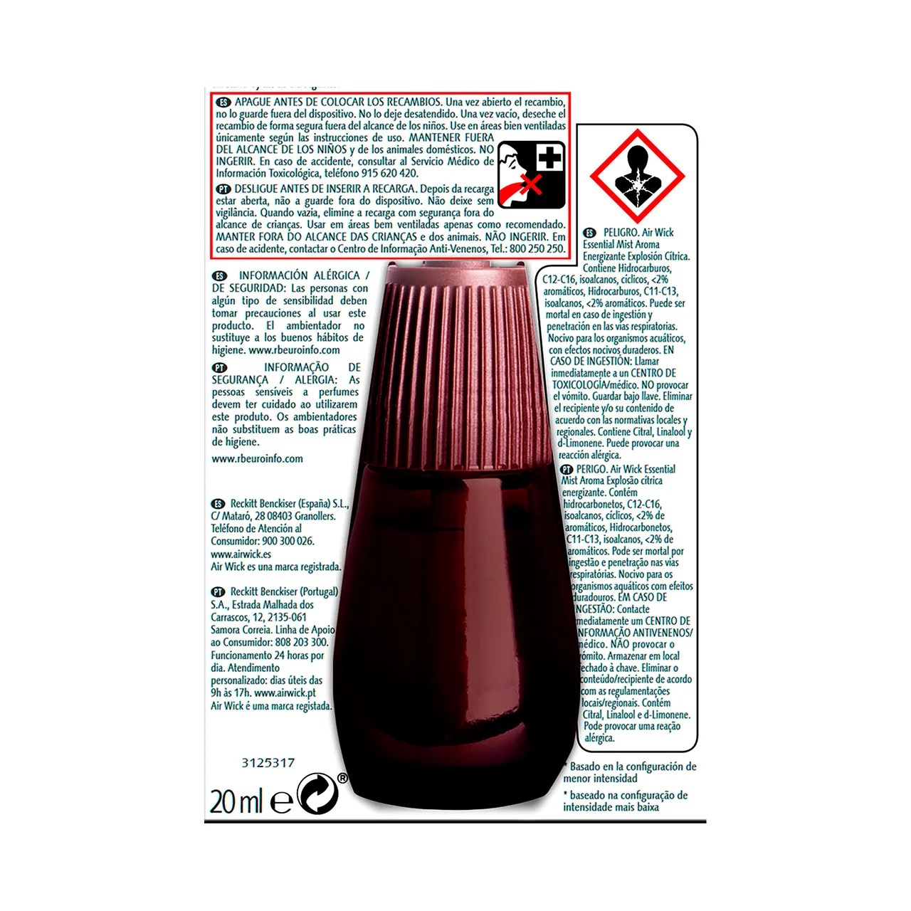 AIR WICK Ambientador difusor de aceites esenciales Explosión Cítrica- Recambio AIR WICK ESSENTIAL MIST 20 ml.