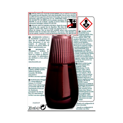 AIR WICK Ambientador difusor de aceites esenciales Explosión Cítrica- Recambio AIR WICK ESSENTIAL MIST 20 ml.
