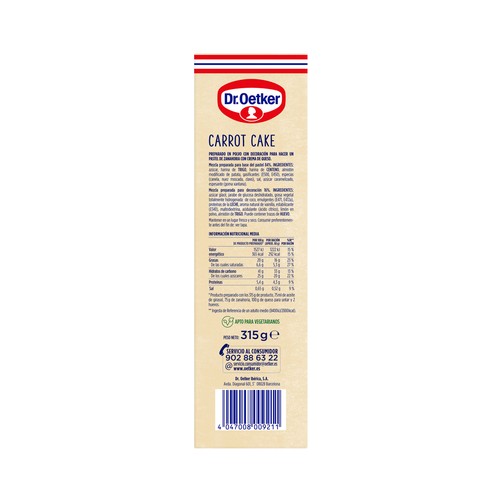 DR. OETKER Preparado de pastel de zanahoria con crema de queso DR. OETKER 315 g.
