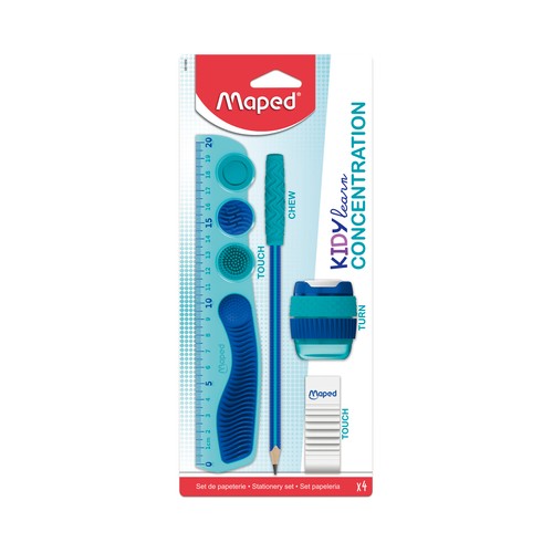 Set 4 piezas, regla 20cm, lápiz, goma de borrar y sacapuntas Kidy Learn Concentración. MAPED