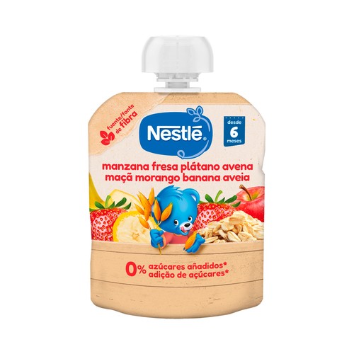 NESTLÉ Bolsita (pouch) de fruta (manzana, fresa y plátano) y avena, a partir de 6 meses 90 g.