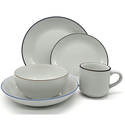 Vajilla 20 piezas porcelana, incluye bol y tazas mug con filo color. ACTUEL