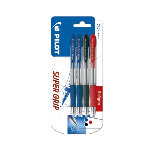 4 bolígrafos roller retráctiles, grip suave, punta media, grosor de 0.4mm, varios colores PILOT Super grip.